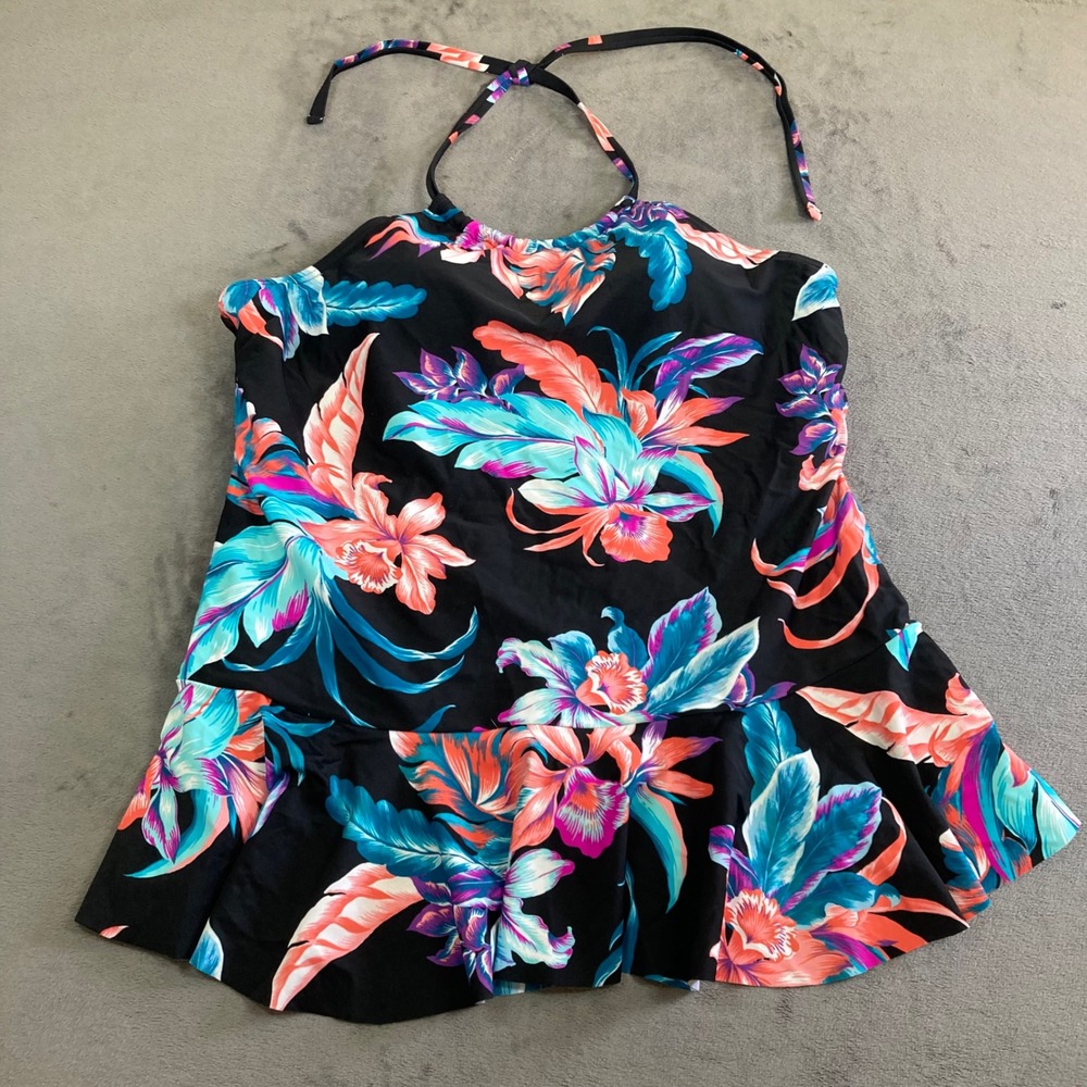 Island Waves Women 1X Tropical Floral Tankini Swim Top Black Halter Peplum